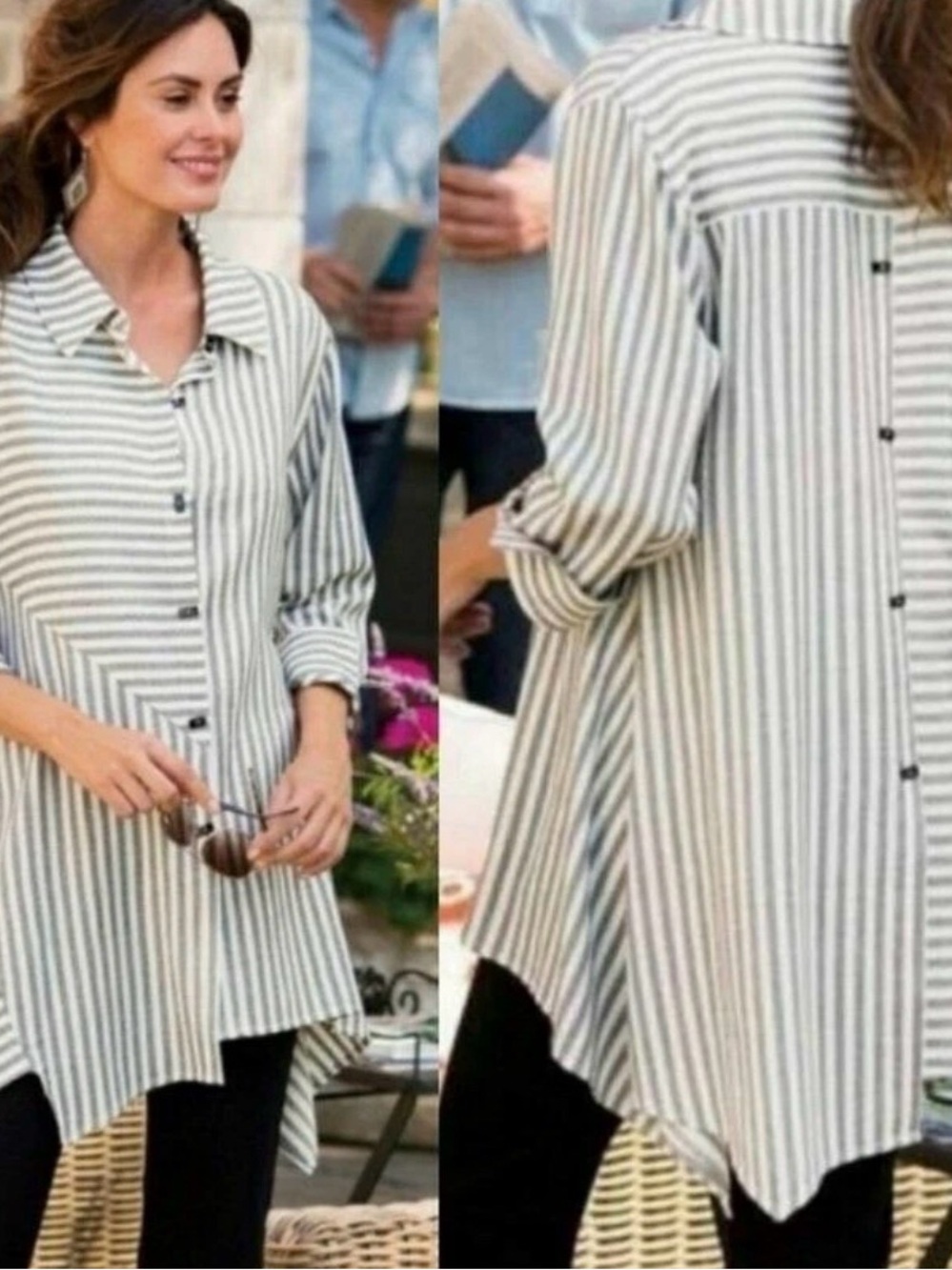 Steven Edwards Striped 3/4 Sleeve Button Front & Back 100% Cotton Tunic S